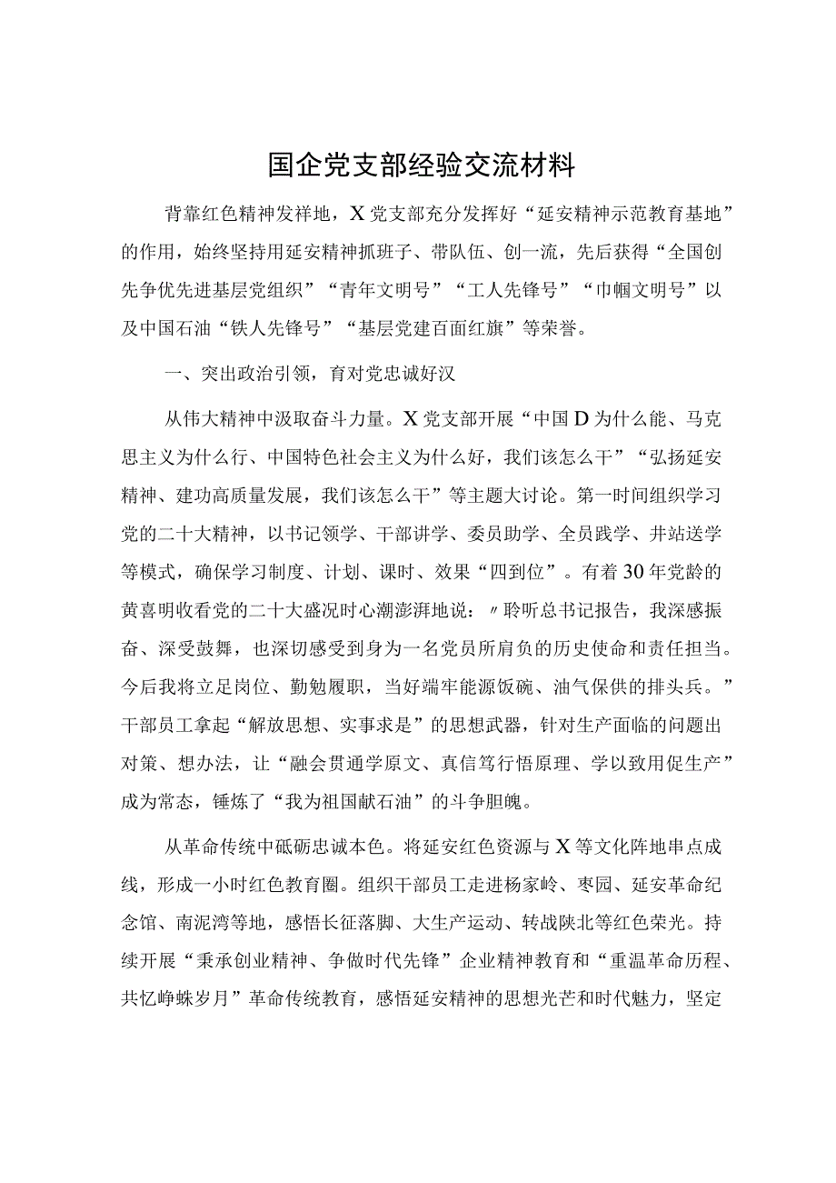 国企公司党支部经验总结交流2700字延安精神.docx_第1页