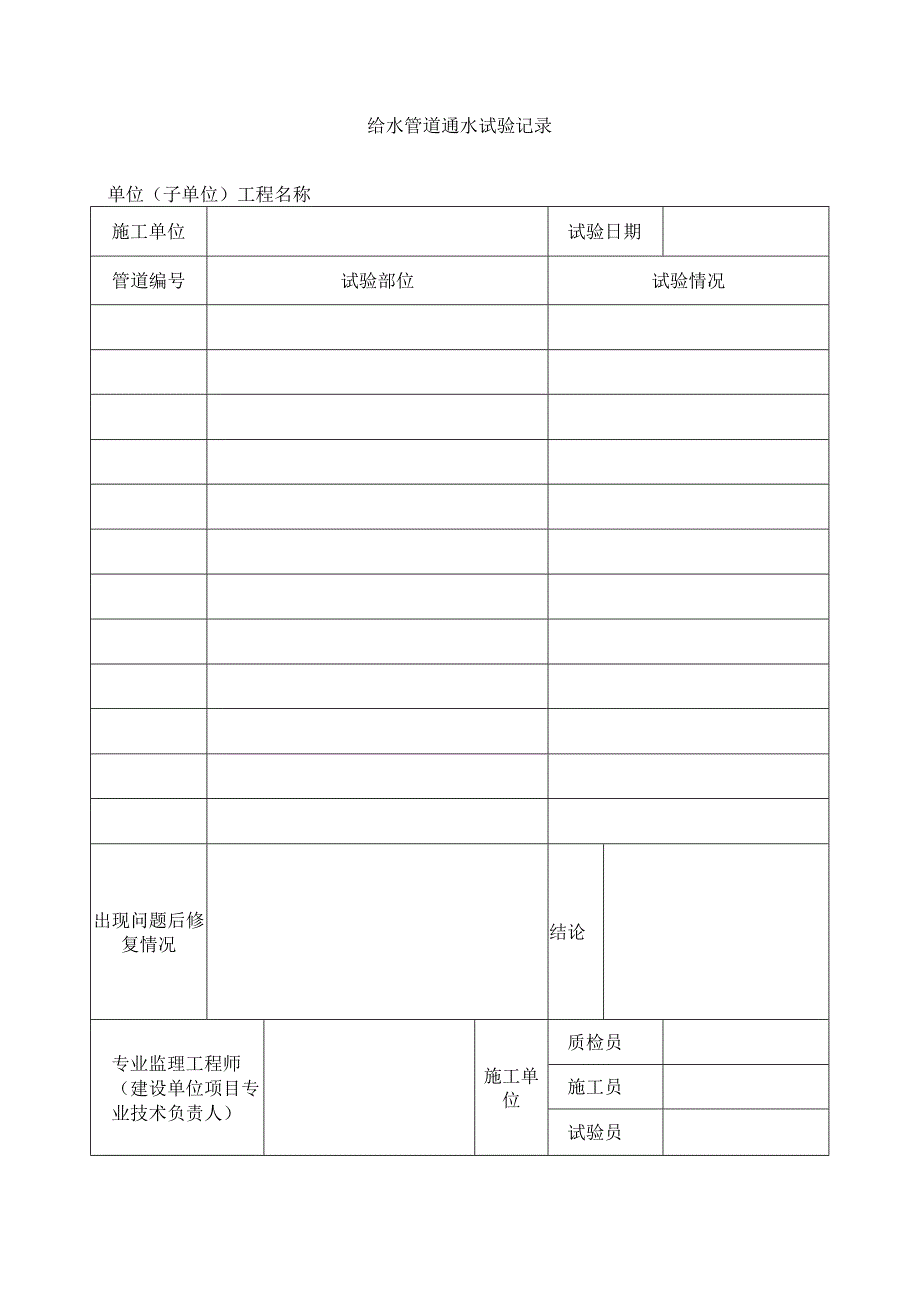 建筑工程给水管道通水试验记录示范文本.docx_第1页