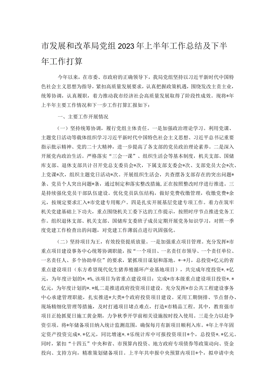 市发展和改革局党组2023年上半年工作总结及下半年工作打算.docx_第1页