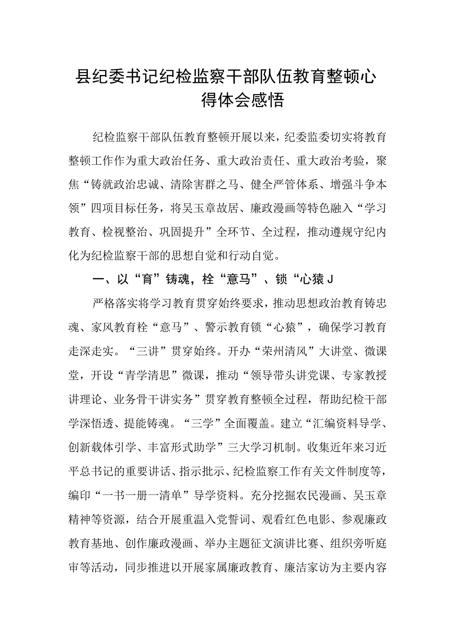 县纪委书记纪检监察干部队伍教育整顿心得体会感悟.docx_第1页