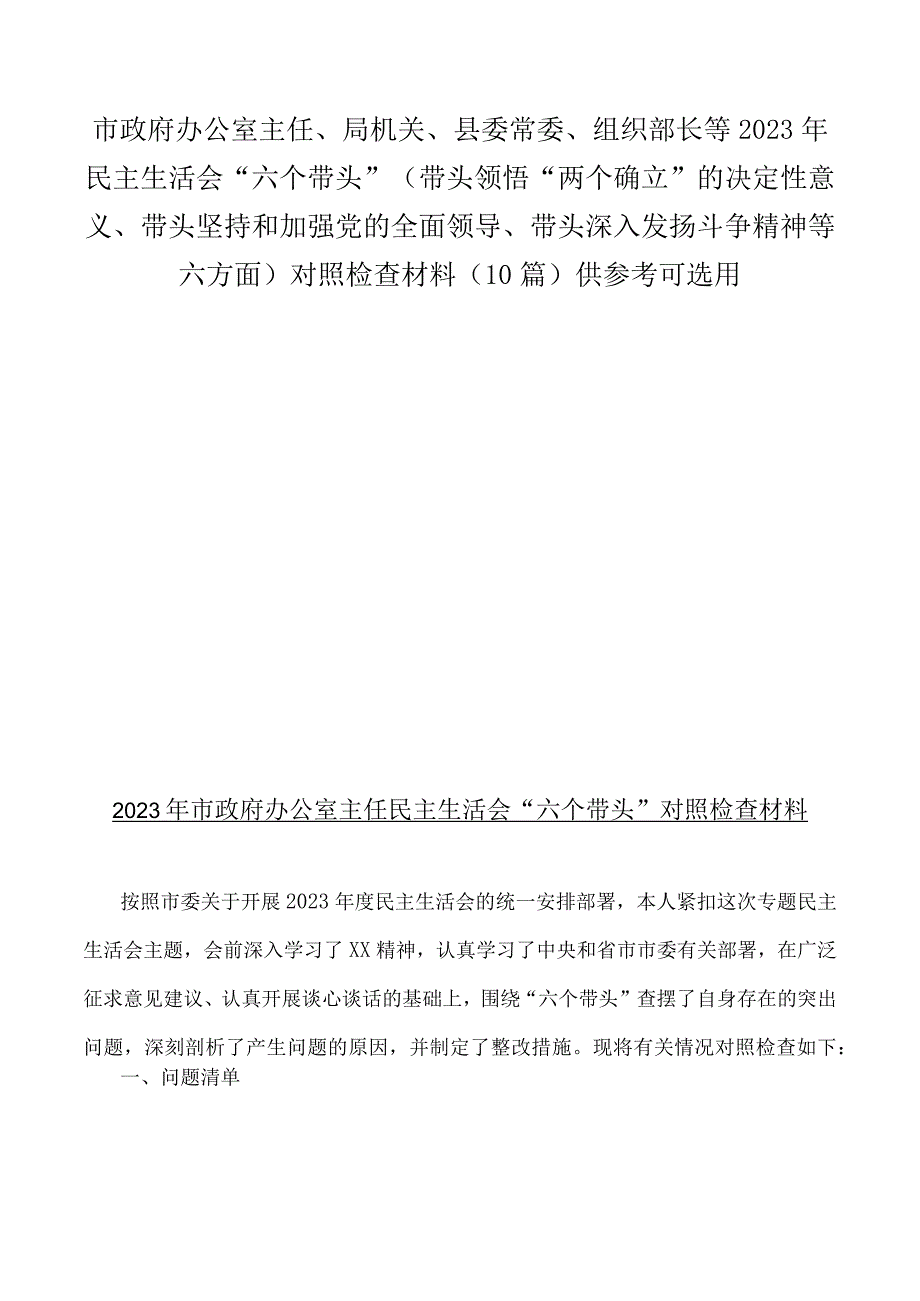 市政府办公室主任局机关县委常委组织部长等2023年民主生活会六个带头带头领悟两个确立的决定性意义带头坚持和加强党的全.docx_第1页