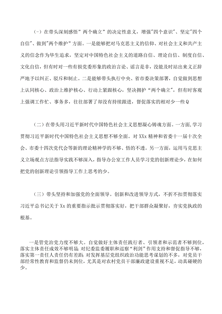 市政府办公室主任局机关县委常委组织部长等2023年民主生活会六个带头带头领悟两个确立的决定性意义带头坚持和加强党的全.docx_第2页