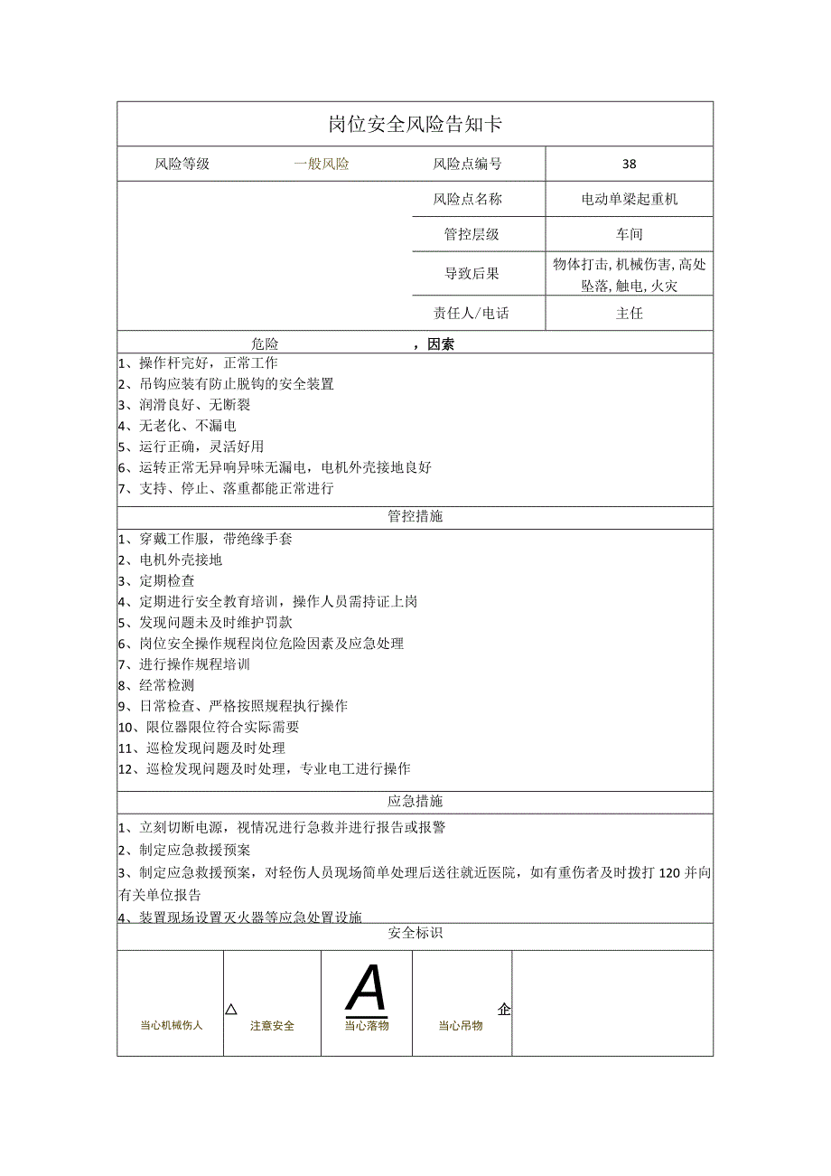 工程有限公司电动单梁起重机岗位风险告知卡.docx_第1页