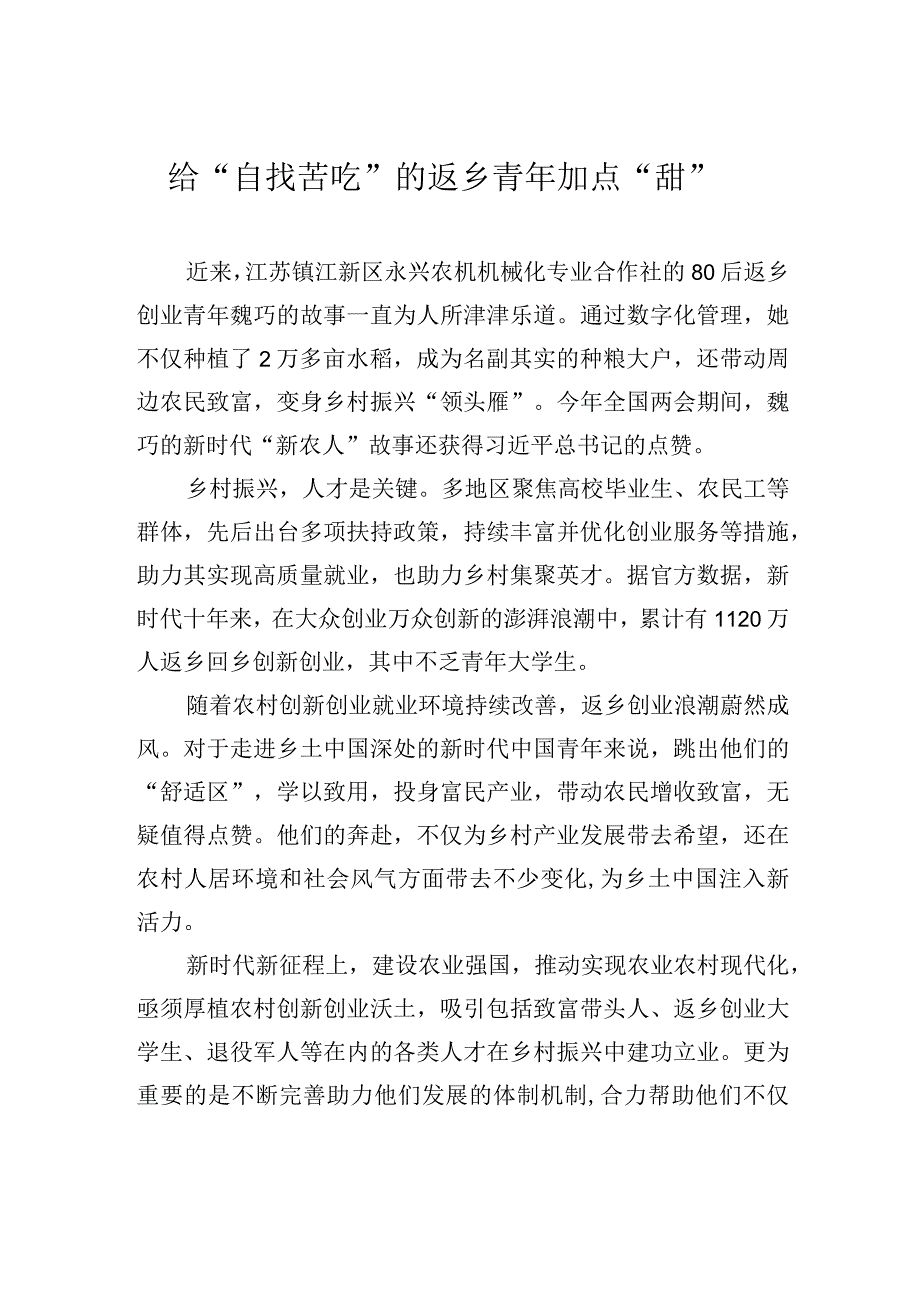 给自找苦吃的返乡青年加点甜.docx_第1页