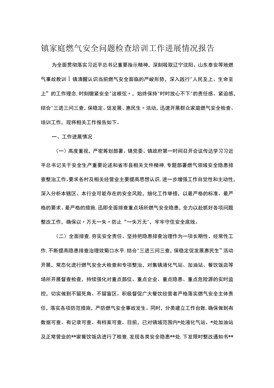 镇家庭燃气安全问题检查培训工作进展情况报告.docx_第1页