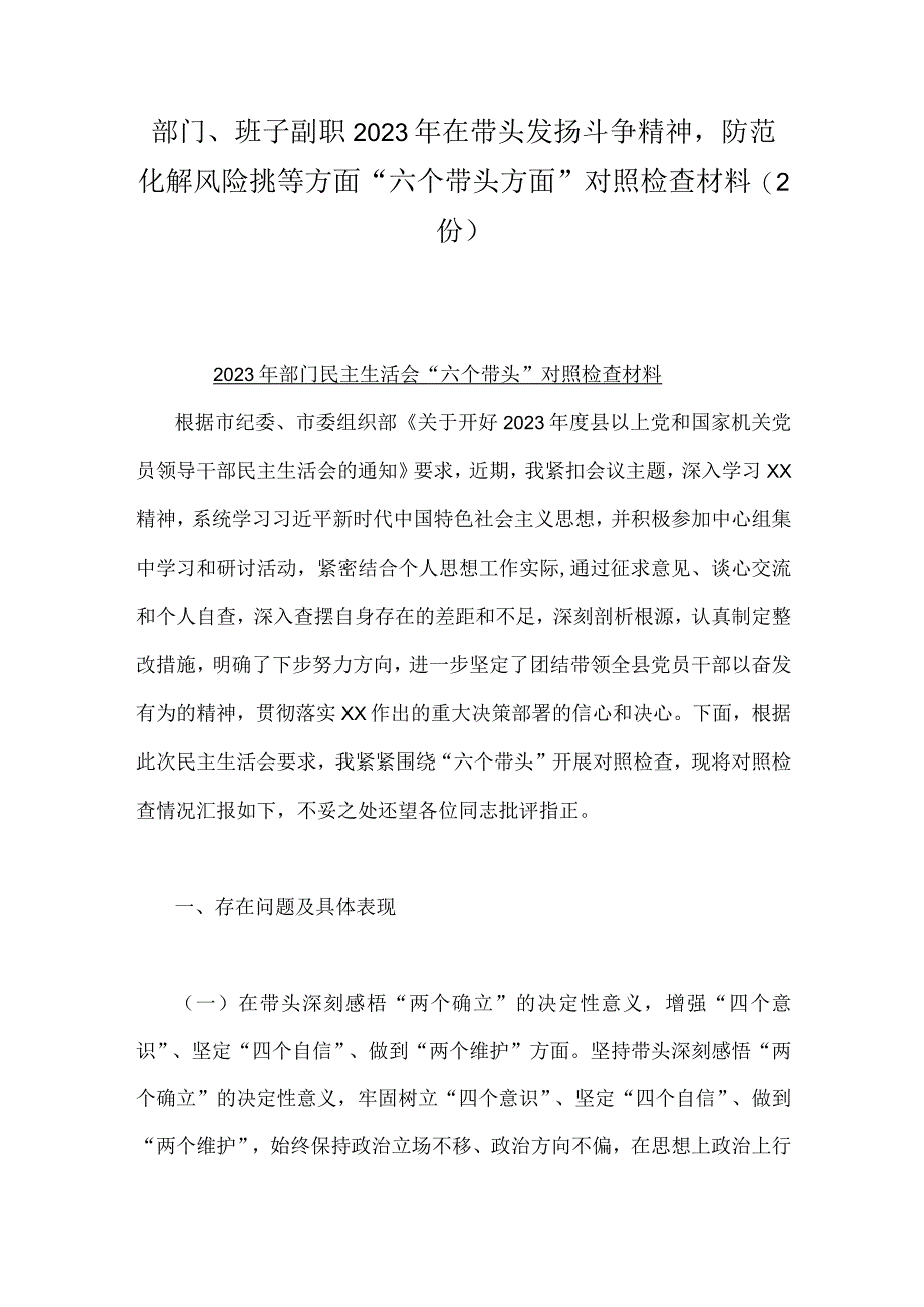 部门班子副职2023年在带头发扬斗争精神防范化解风险挑等方面六个带头方面对照检查材料2份.docx_第1页