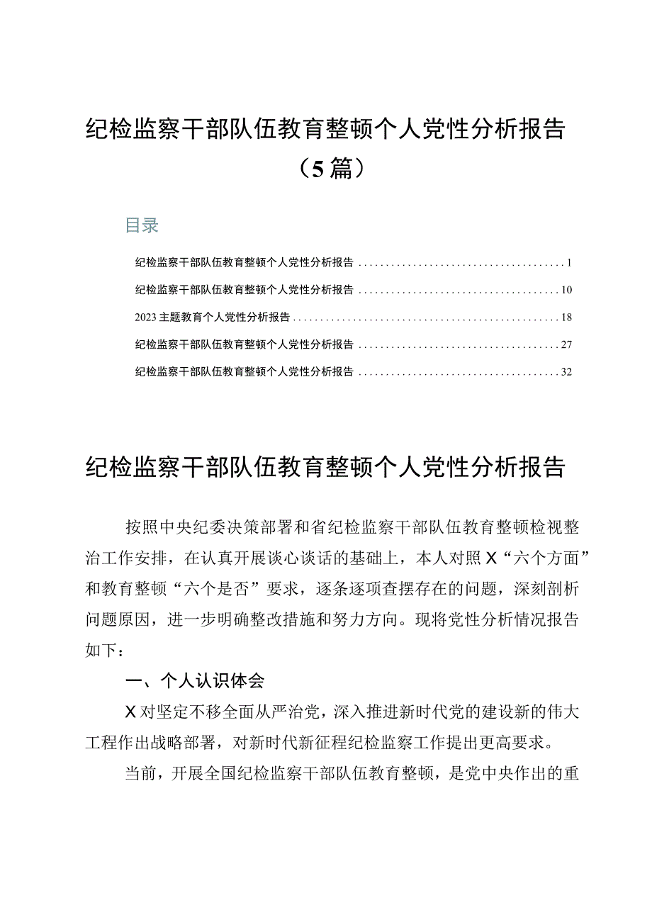 纪检监察干部队伍教育整顿个人党性分析报告5篇.docx_第1页