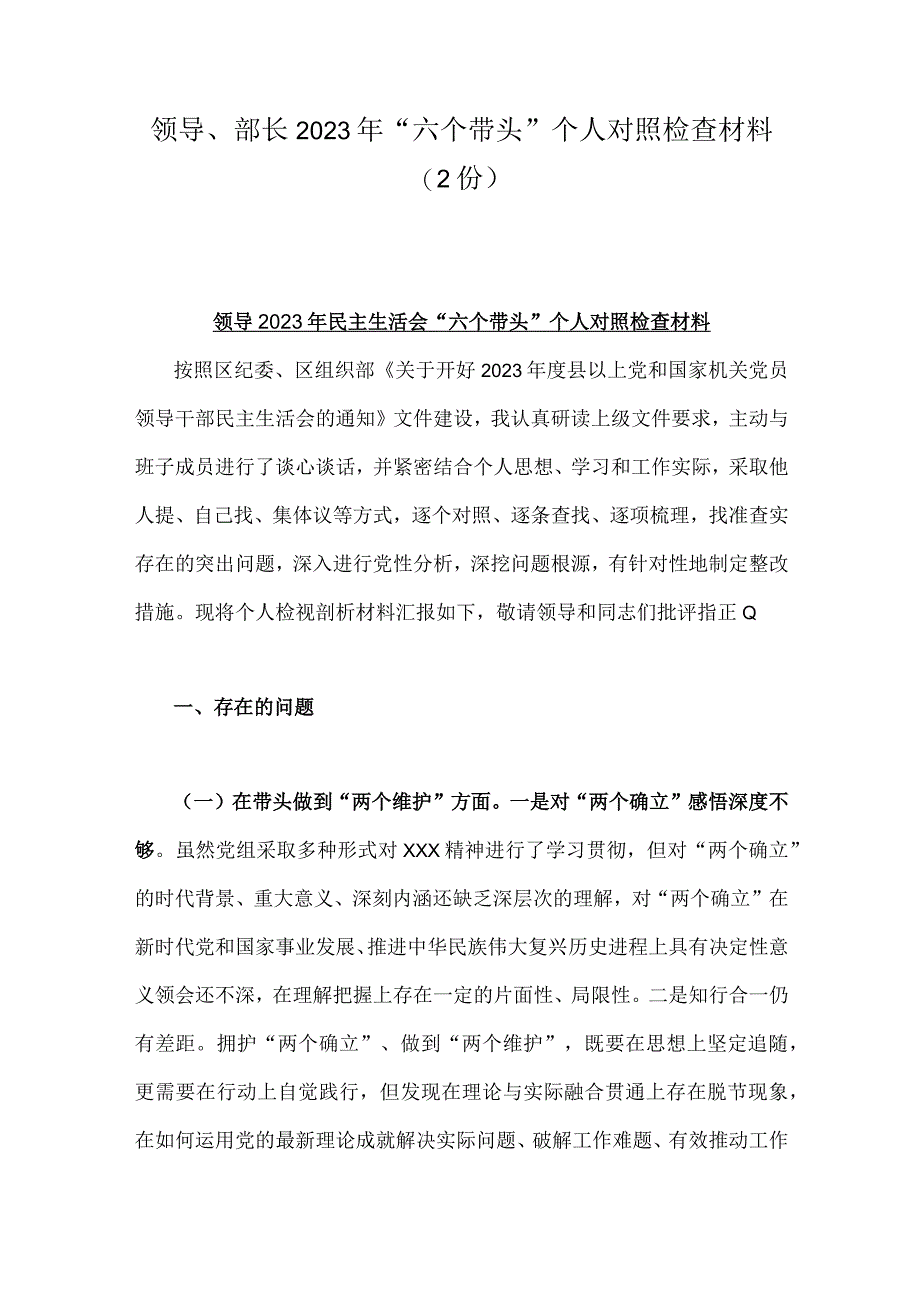 领导部长2023年六个带头个人对照检查材料2份.docx_第1页