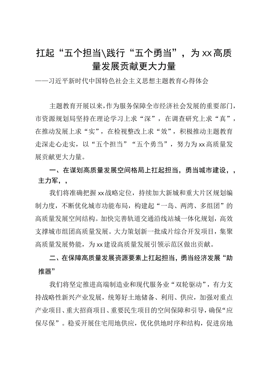 主题教育心得体会扛起五个担当践行五个勇当为xx高质量发展贡献更大力量.docx_第1页