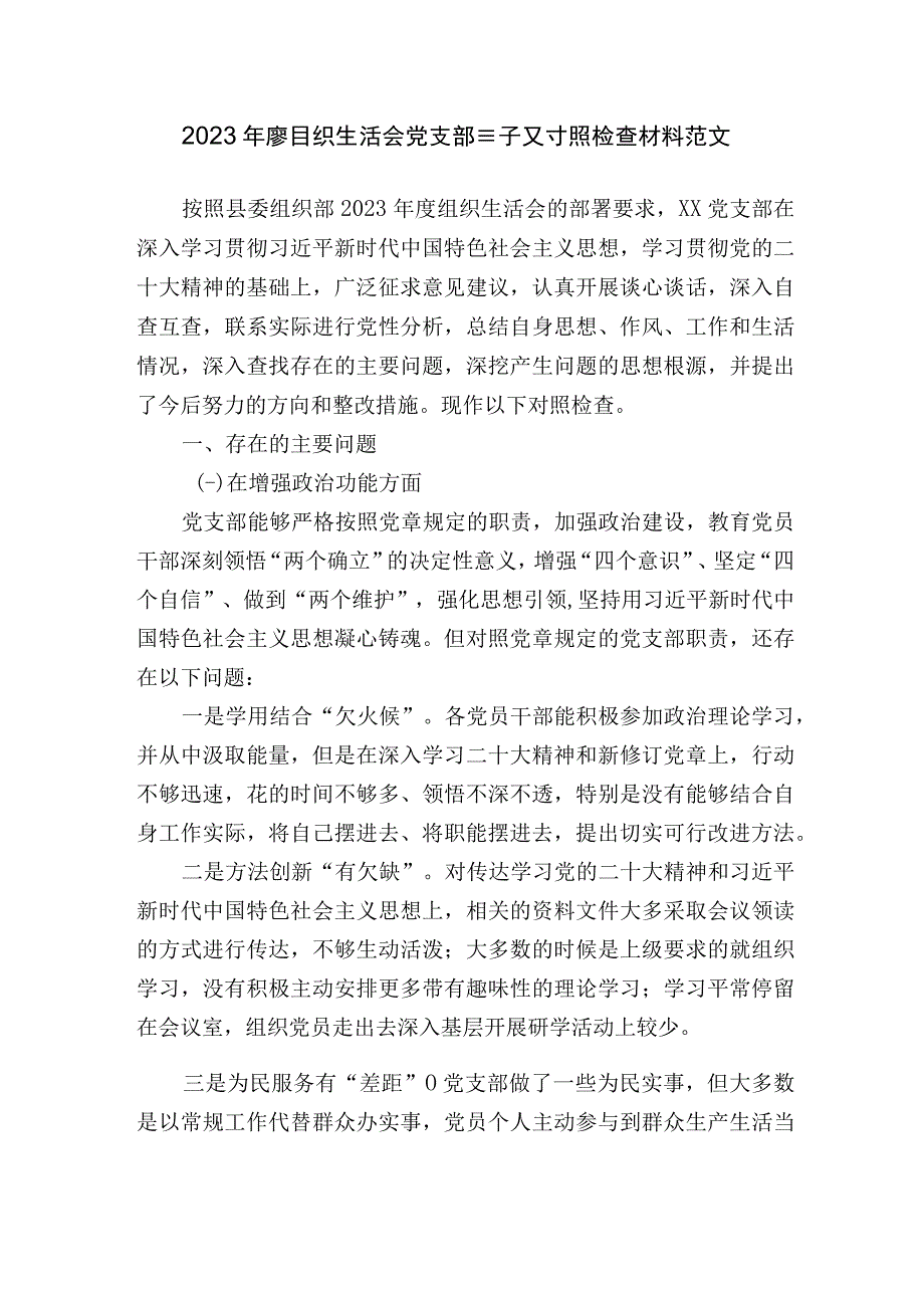 党支部班子20232023年度组织生活会班子对照检查材料范文.docx_第1页