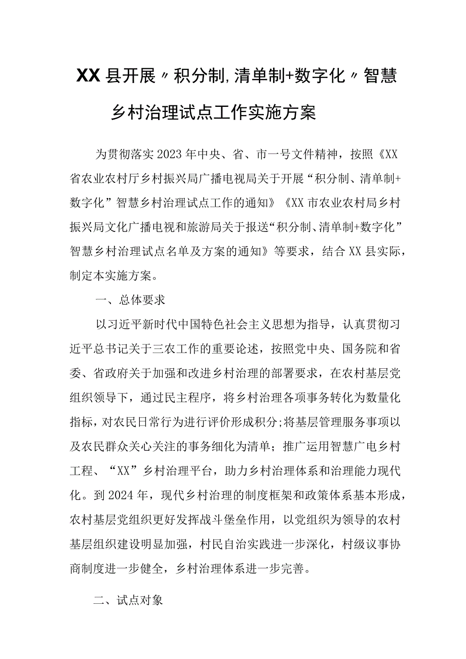 XX县开展积分制清单制＋数字化智慧乡村治理试点工作实施方案.docx_第1页