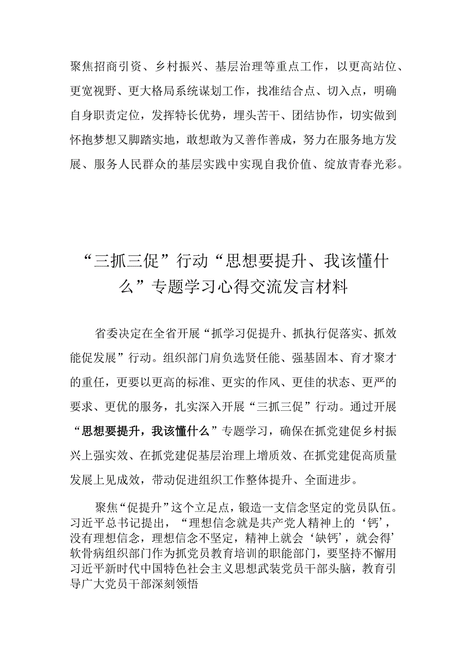 2023年围绕三抓三促行动思想要提升我该懂什么专题学习心得交流发言材料 五篇.docx_第3页