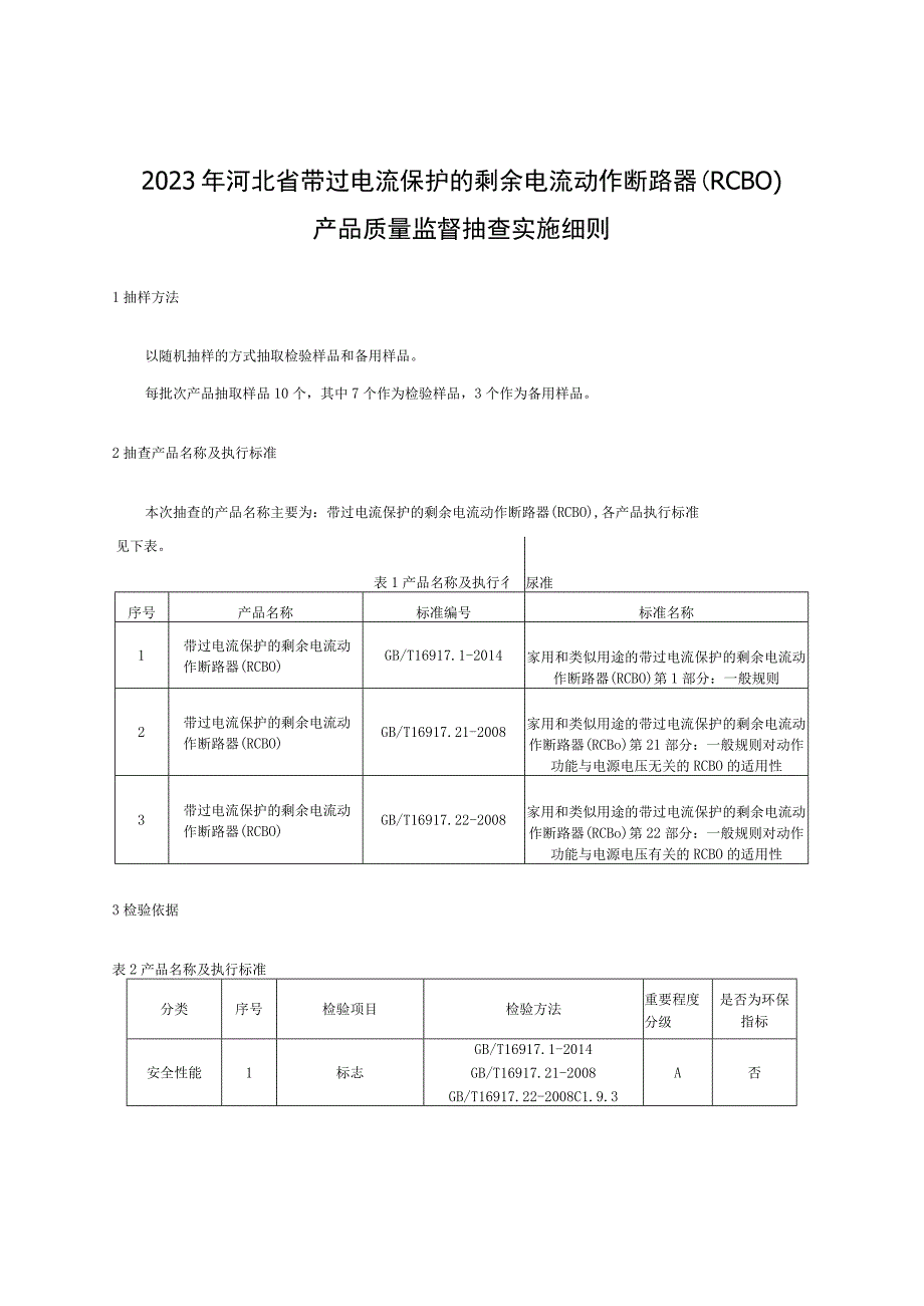 2023年河北省带过电流保护的剩余电流动作断路器RCBO产品质量监督抽查实施细则.docx_第1页