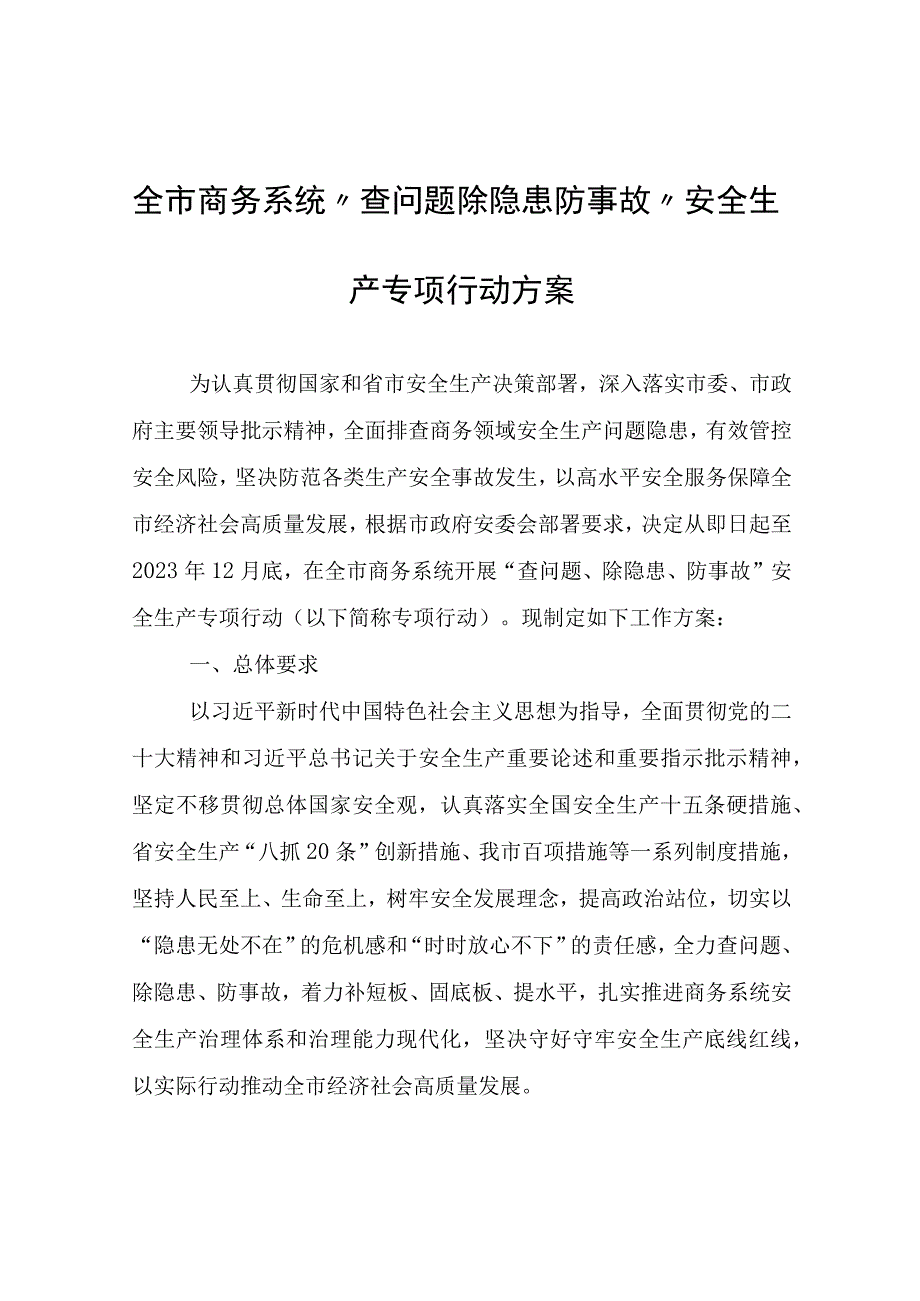 全市商务系统查问题除隐患防事故安全生产专项行动方案.docx_第1页