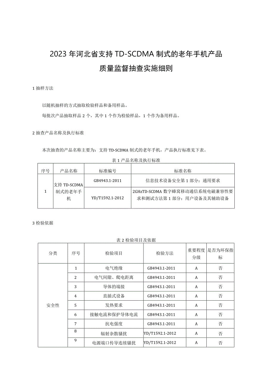 2023年河北省支持TDSCDMA制式的老年手机产品质量监督抽查实施细则.docx_第1页