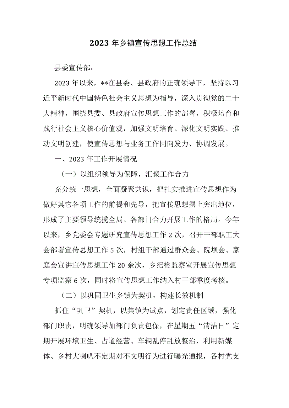 2023年乡镇宣传思想工作总结.docx_第1页