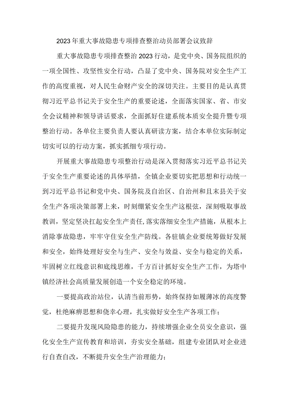 乡镇2023年重大事故隐患专项排查整治动员部署会议致辞 合计7份.docx_第1页