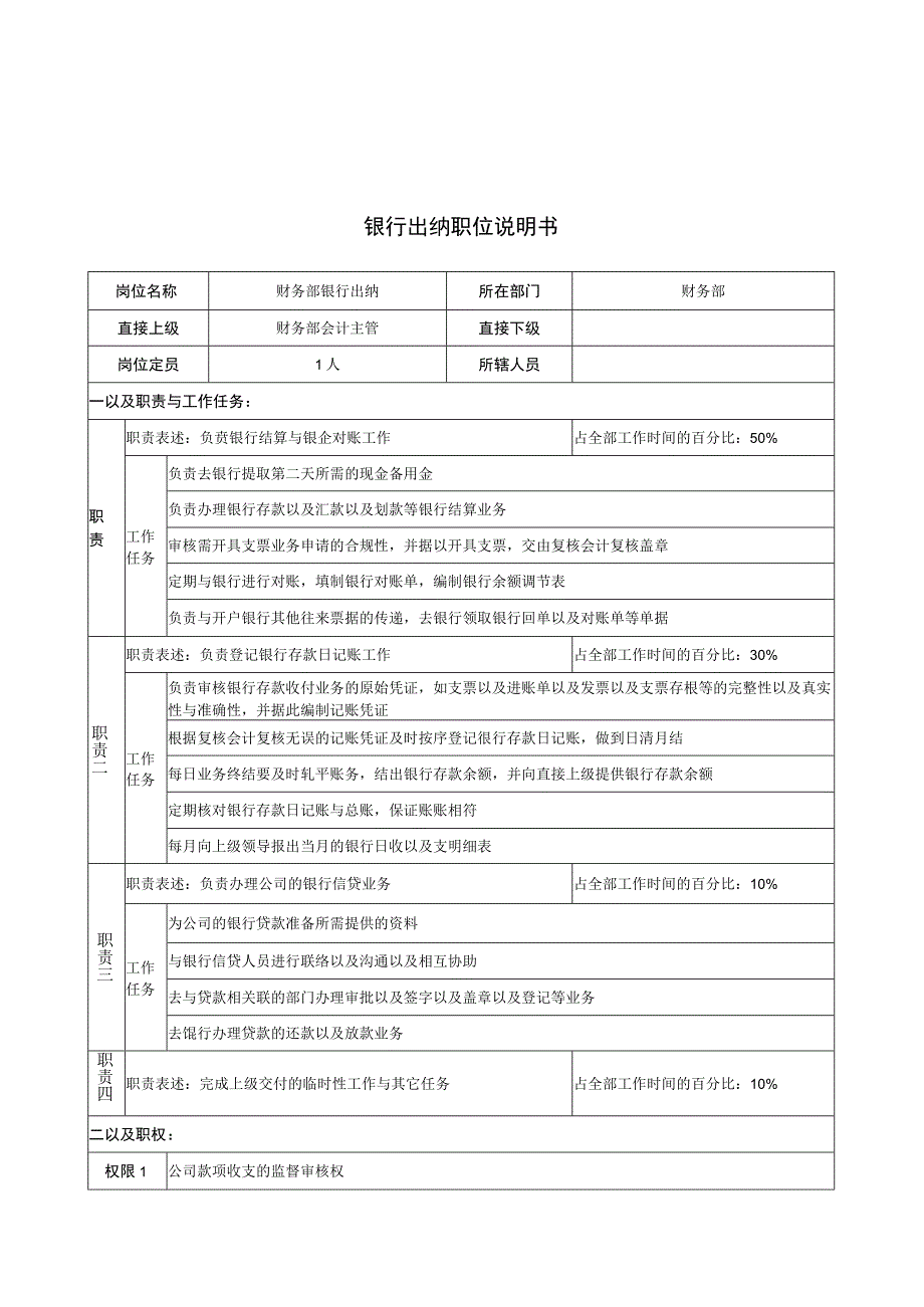 2023年整理华北光学仪器公司财务部银行出纳职位说明书.docx_第1页