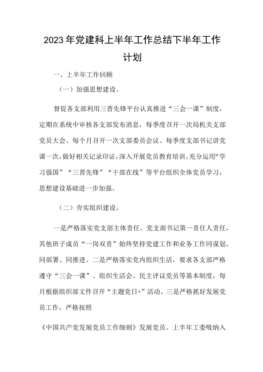 2023年党建科上半年工作总结下半年工作计划.docx_第1页