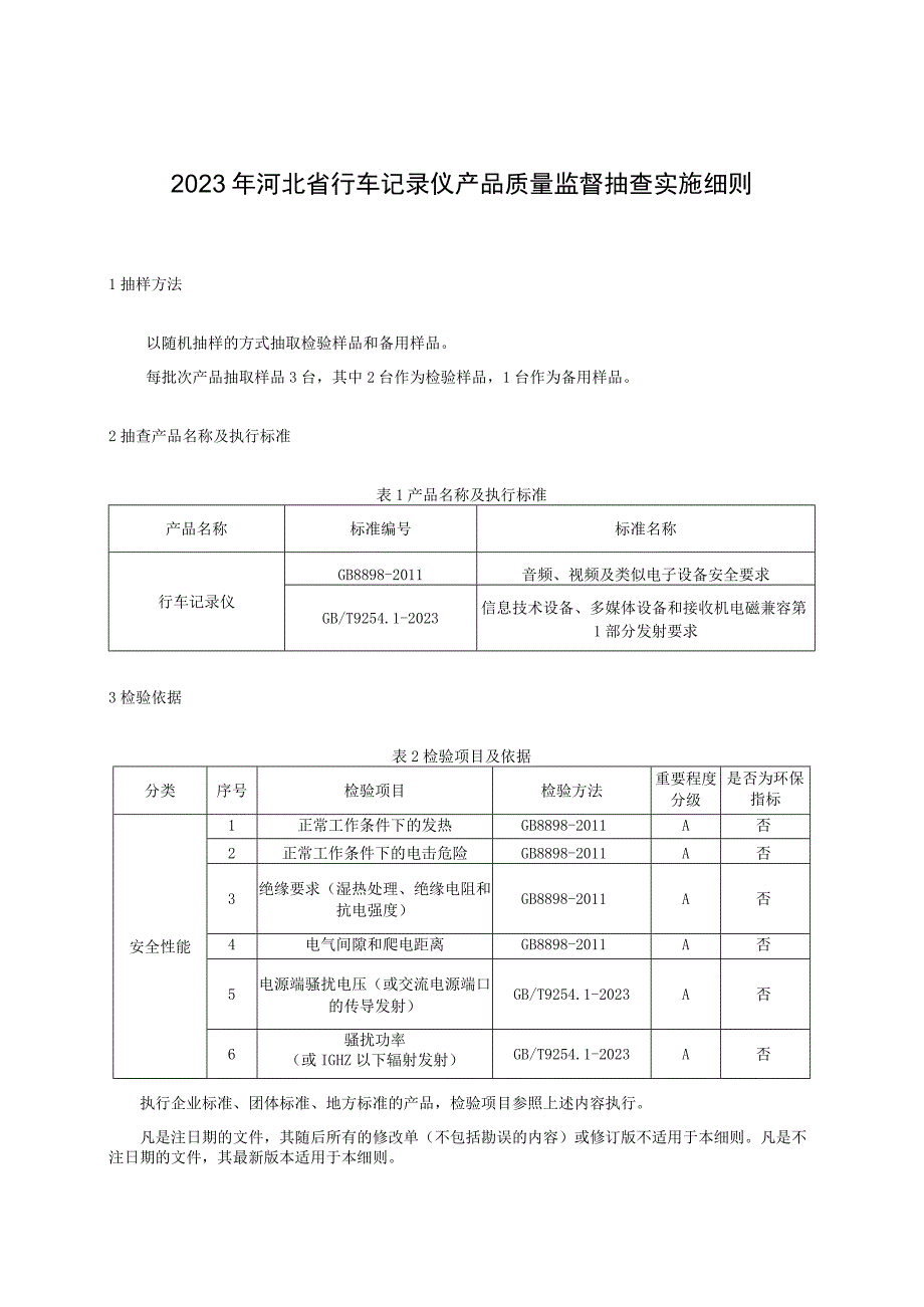 2023年河北省行车记录仪产品质量监督抽查实施细则.docx_第1页