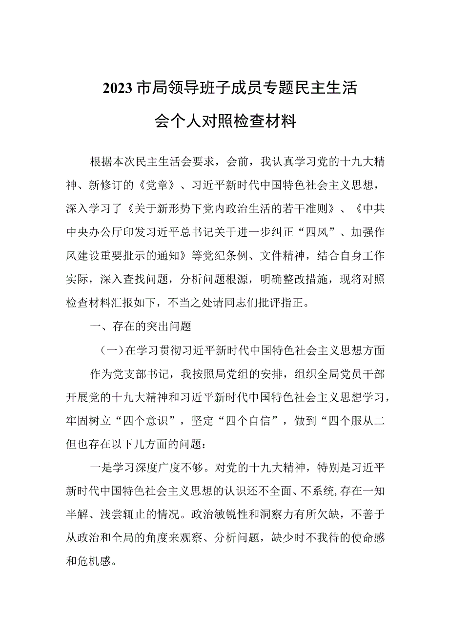 2023市局领导班子成员专题民主生活会个人对照检查材料.docx_第1页