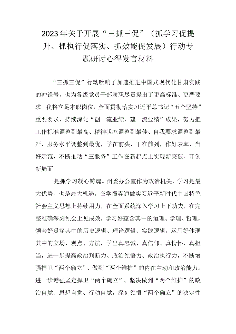 2023年围绕三抓三促抓学习促提升抓执行促落实抓效能促发展行动专题研讨心得发言材料 十篇.docx_第1页