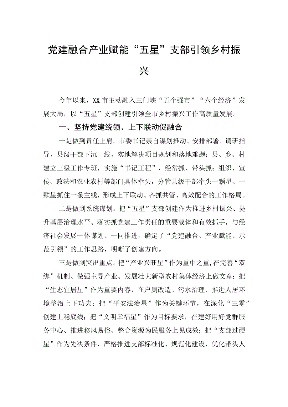 党建融合产业赋能+五星支部引领乡村振兴.docx_第1页