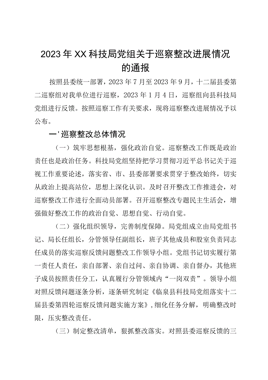 2023年XX科技局党组关于巡察整改进展情况的汇报.docx_第1页