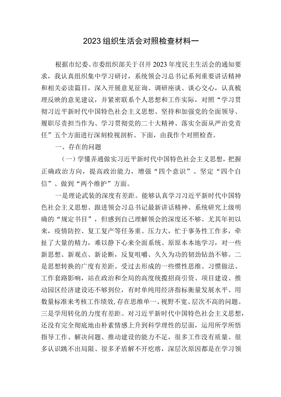 2023组织生活会六个带头支部党员个人对照检查材料参考范文.docx_第1页