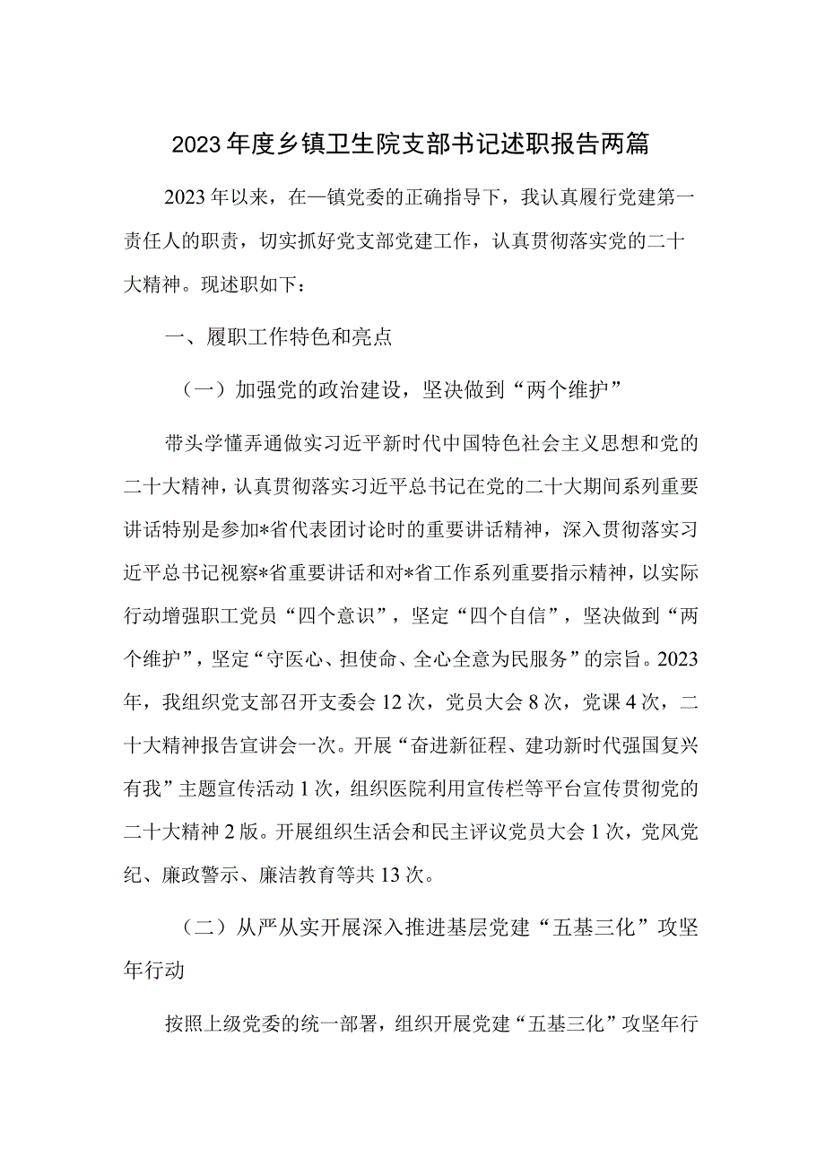 2023年度乡镇卫生院支部书记述职报告两篇.docx_第1页