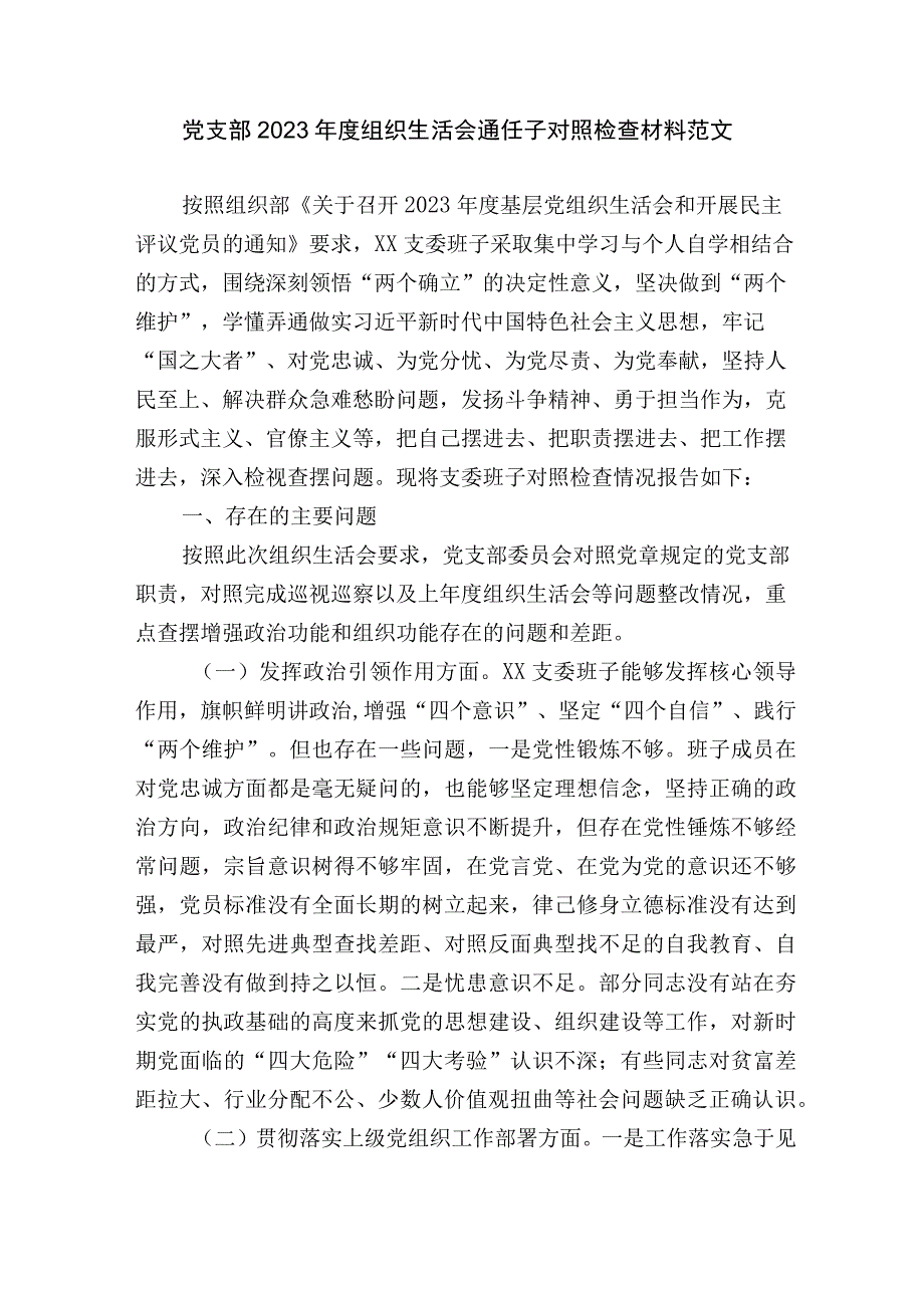 党支部2023年度组织生活会支委班子对照检查材料范文六个方面.docx_第1页