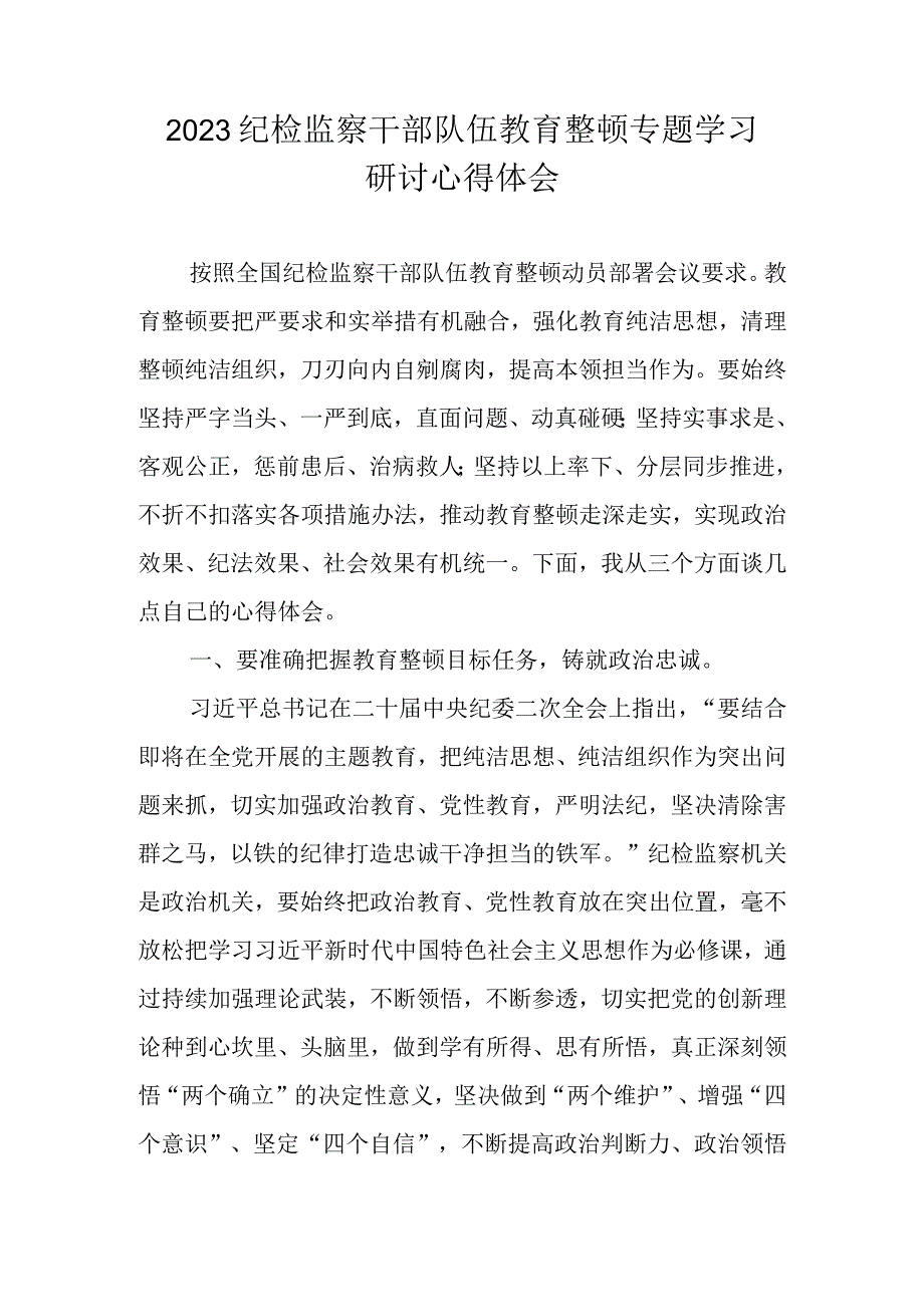 2023纪检监察干部队伍教育整顿专题研讨心得体会 十篇.docx_第1页