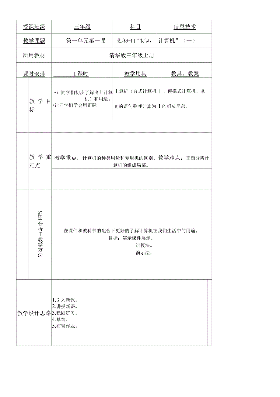 三年级上信息技术教案芝麻开门 初识计算机一_清华版.docx_第1页