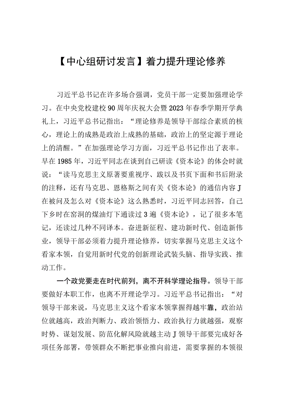 中心组研讨发言着力提升理论修养.docx_第1页