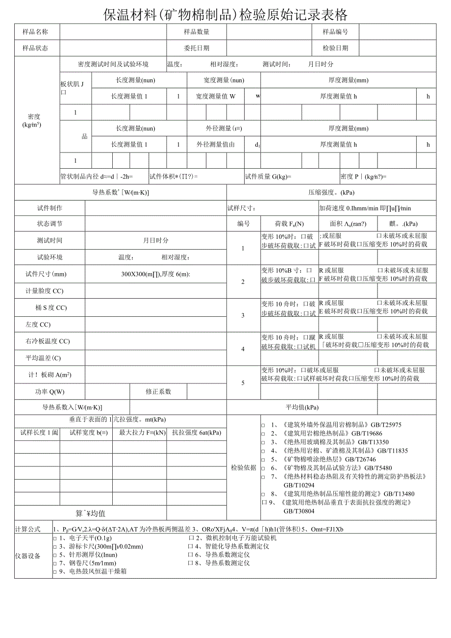 保温材料矿物棉制品检验原始记录表格.docx_第1页