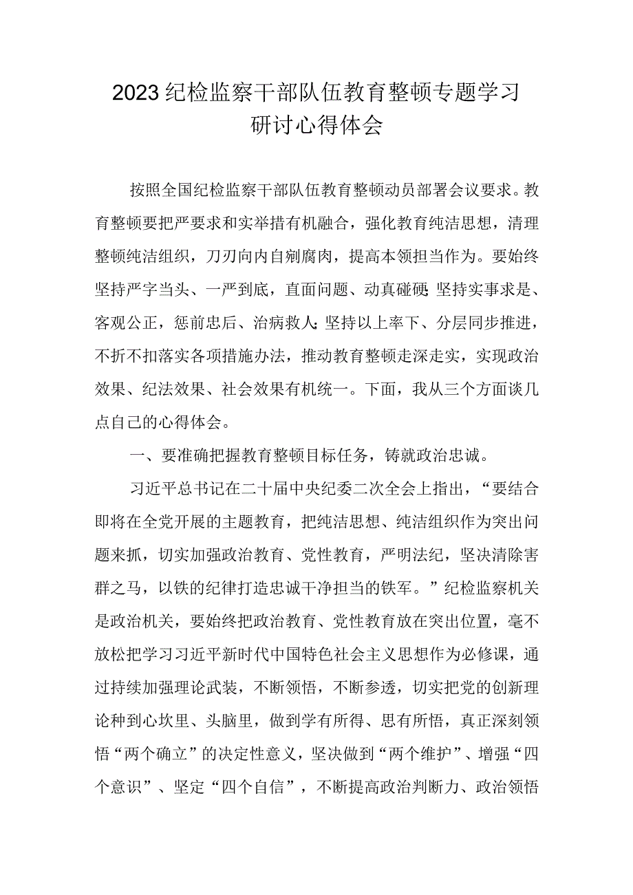 2023年纪检监察干部队伍教育整顿专题研讨心得体会发言材料 十篇.docx_第1页