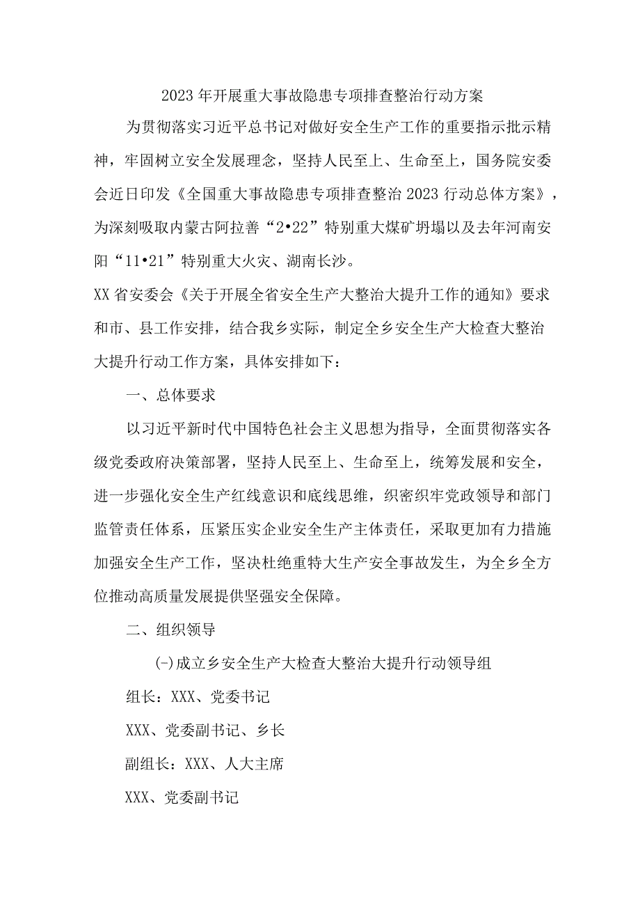 乡镇2023年开展重大事故隐患专项排查整治行动方案 合计7份.docx_第1页