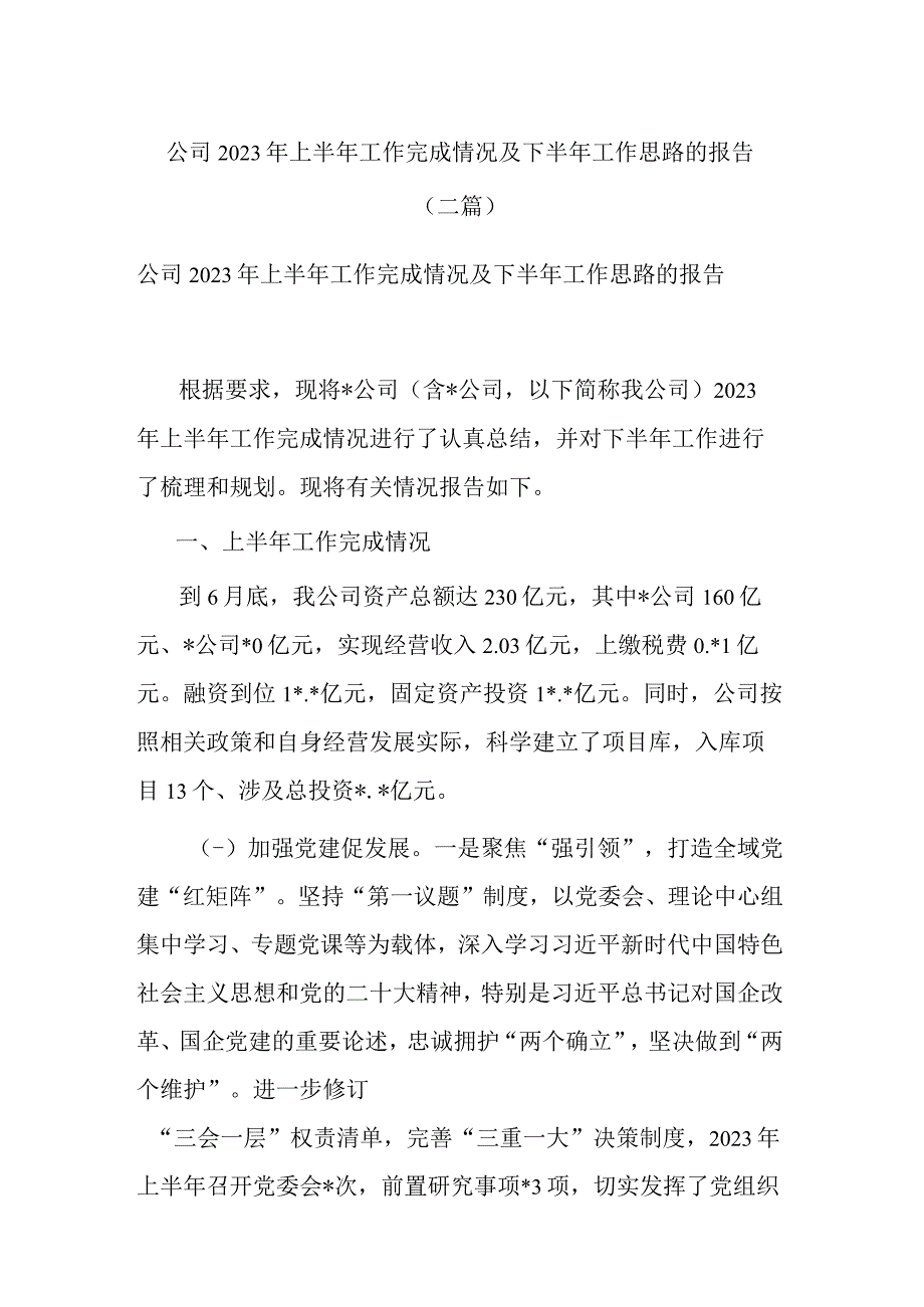 公司2023年上半年工作完成情况及下半年工作思路的报告二篇.docx_第1页