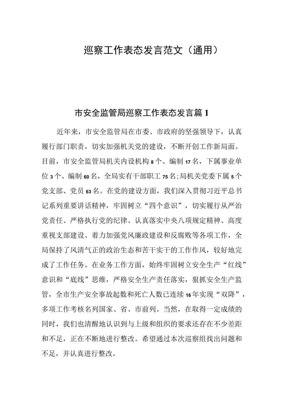 巡察工作表态发言范文通用.docx_第1页