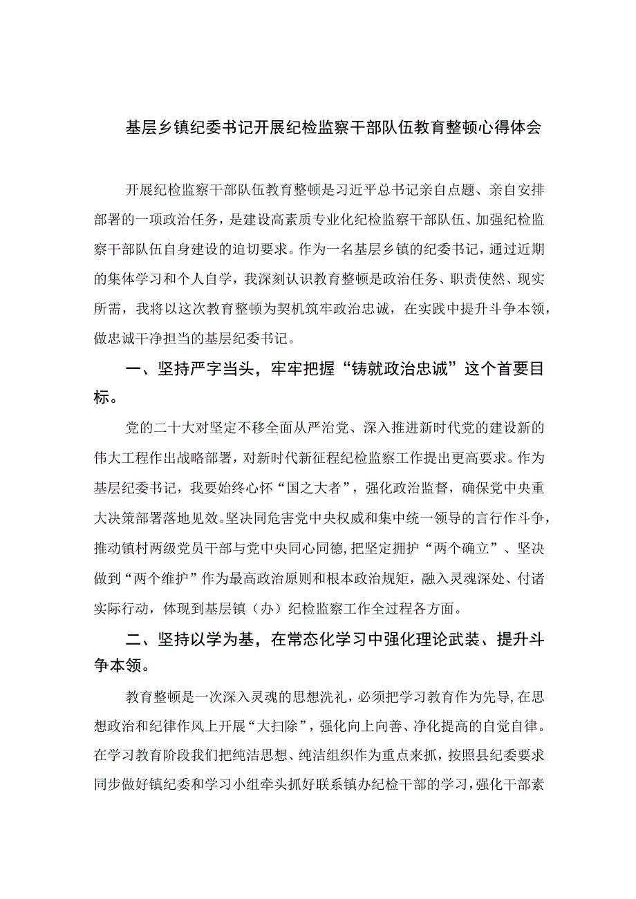 基层乡镇纪委书记开展纪检监察干部队伍教育整顿心得体会四篇精选供参考.docx_第1页