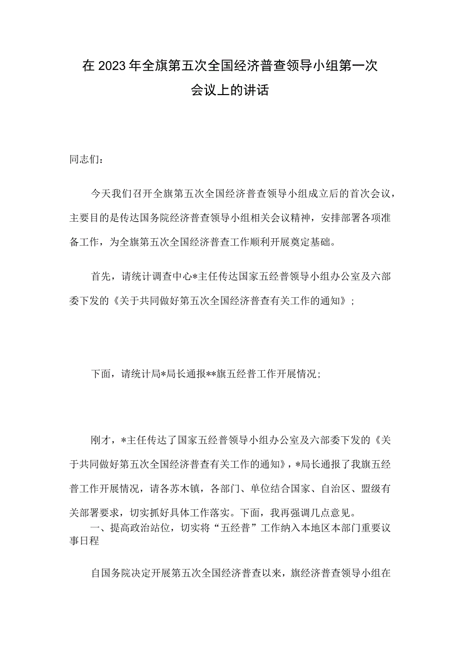 在2023年全旗第五次全国经济普查领导小组第一次会议上的讲话.docx_第1页