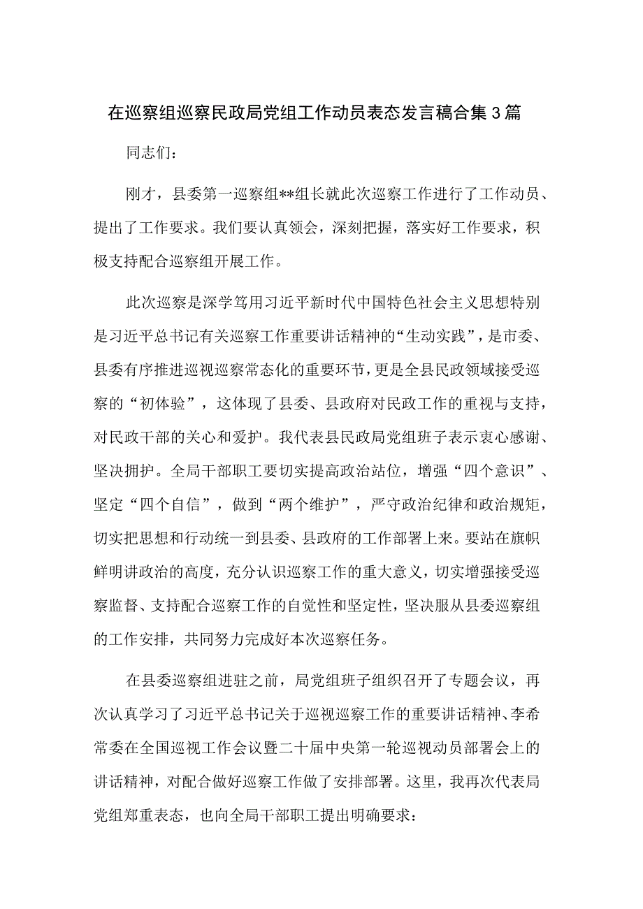 在巡察组巡察民政局党组工作动员表态发言稿合集3篇.docx_第1页