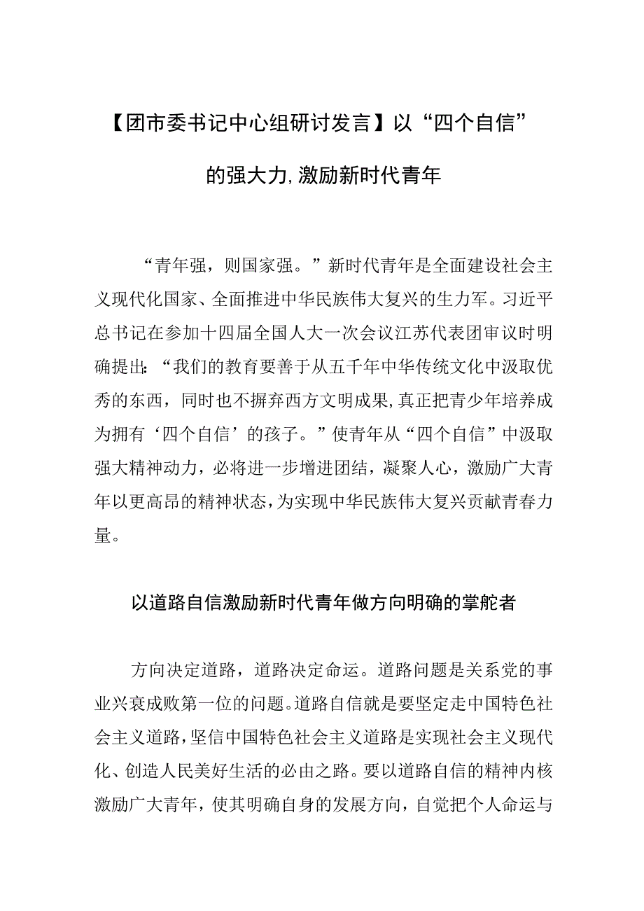 团市委书记中心组研讨发言以四个自信的强大力量激励新时代青年.docx_第1页