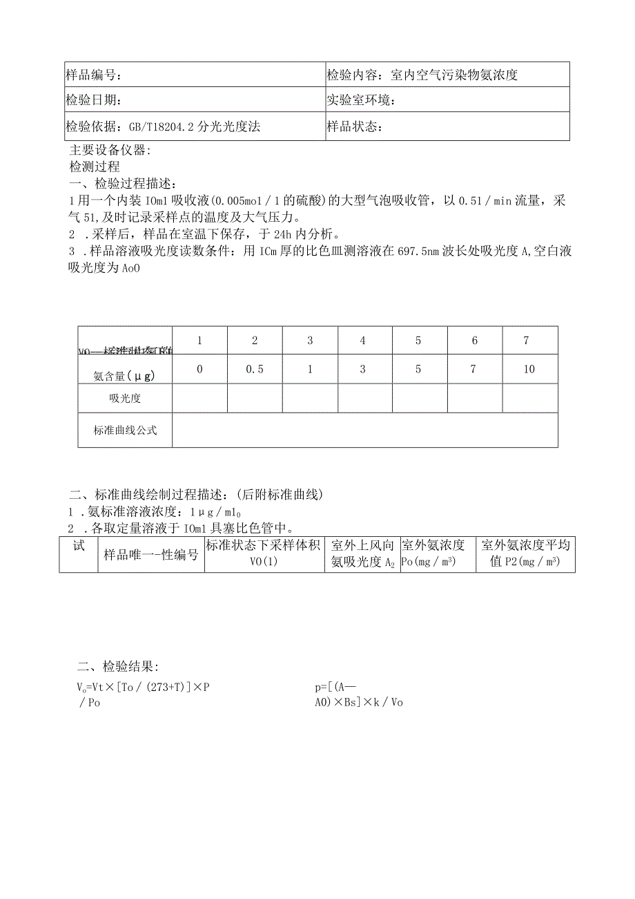 室内空气污染物氨浓度检验原始记录表格.docx_第1页