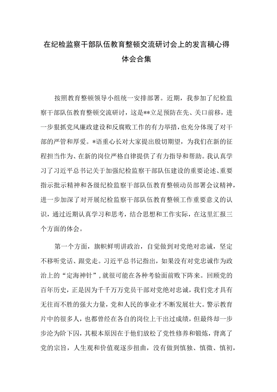 在纪检监察干部队伍教育整顿交流研讨会上的发言稿心得体会合集.docx_第1页