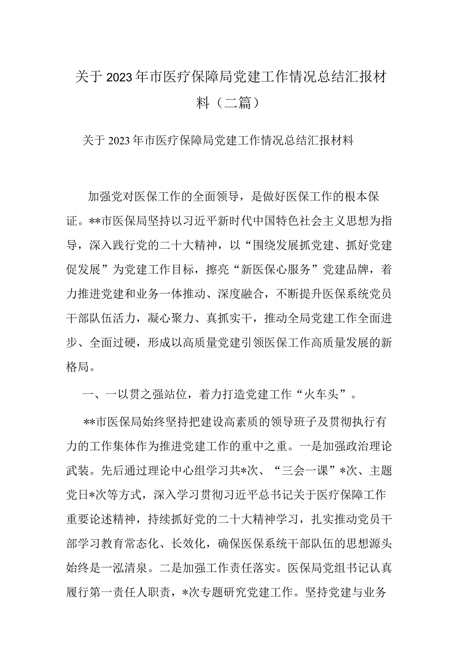 关于2023年市医疗保障局党建工作情况总结汇报材料二篇.docx_第1页