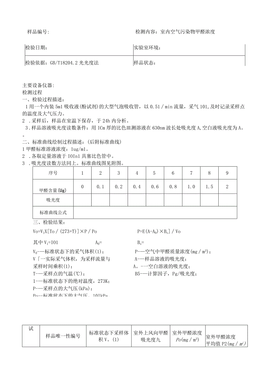 室内空气污染物甲醛浓度检验原始记录表格.docx_第1页