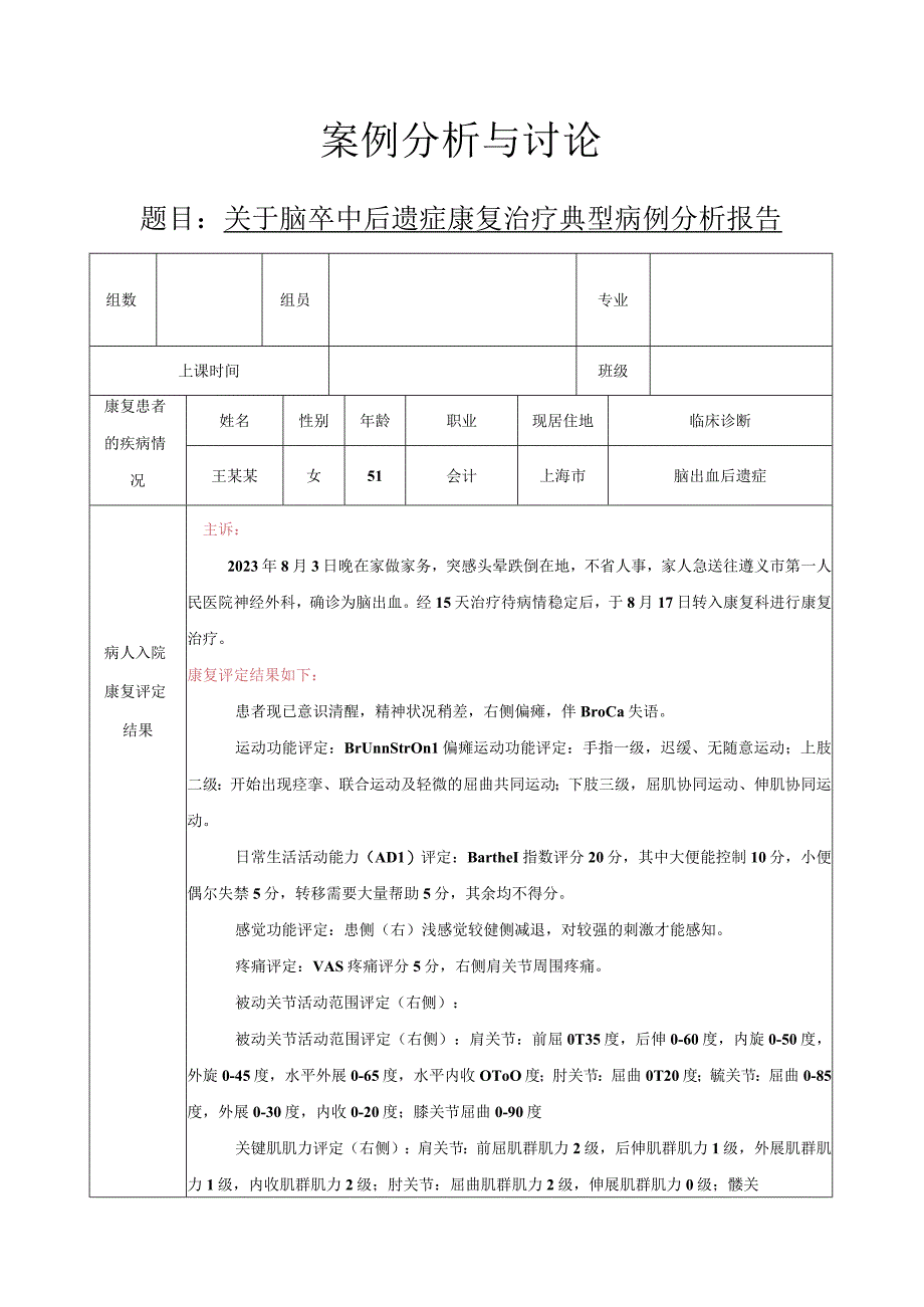 关于脑卒中后遗症康复治疗典型病例分析报告2.docx_第1页