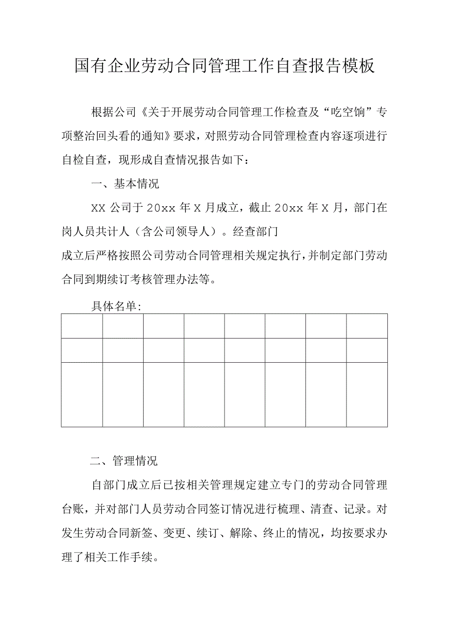 国有企业劳动合同管理工作自查报告模板.docx_第1页