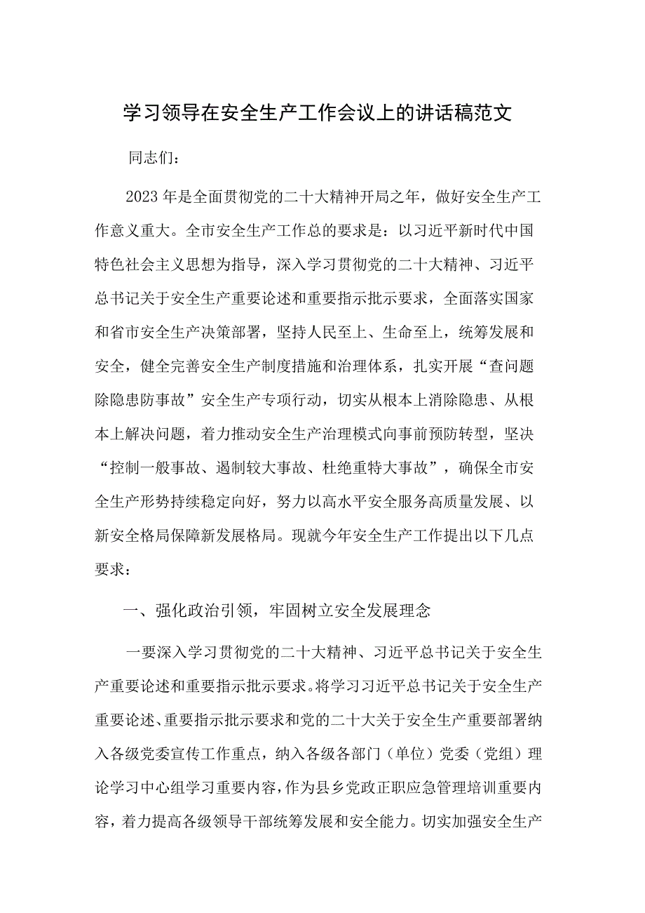 学习领导在安全生产工作会议上的讲话稿范文.docx_第1页